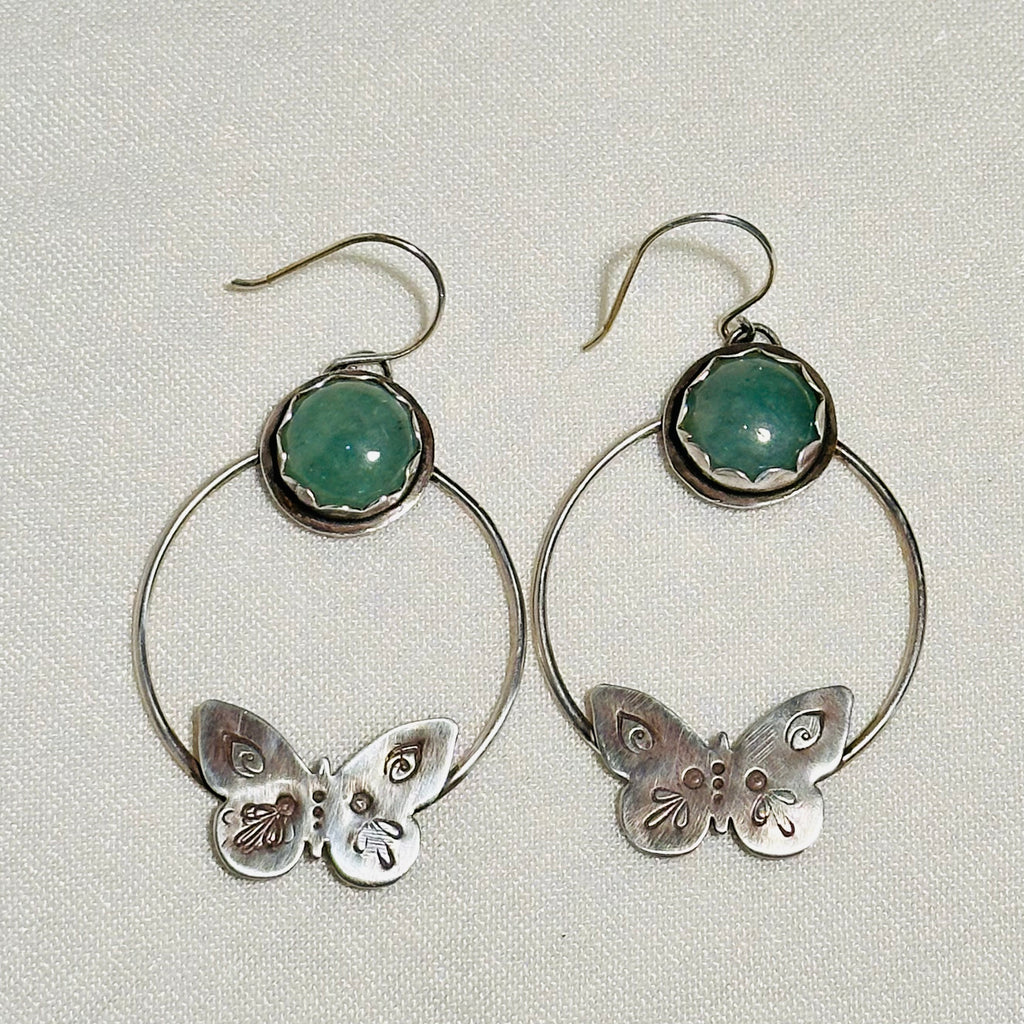 Green Aventurine Butterfly Circle Earrings-Sterling Silver