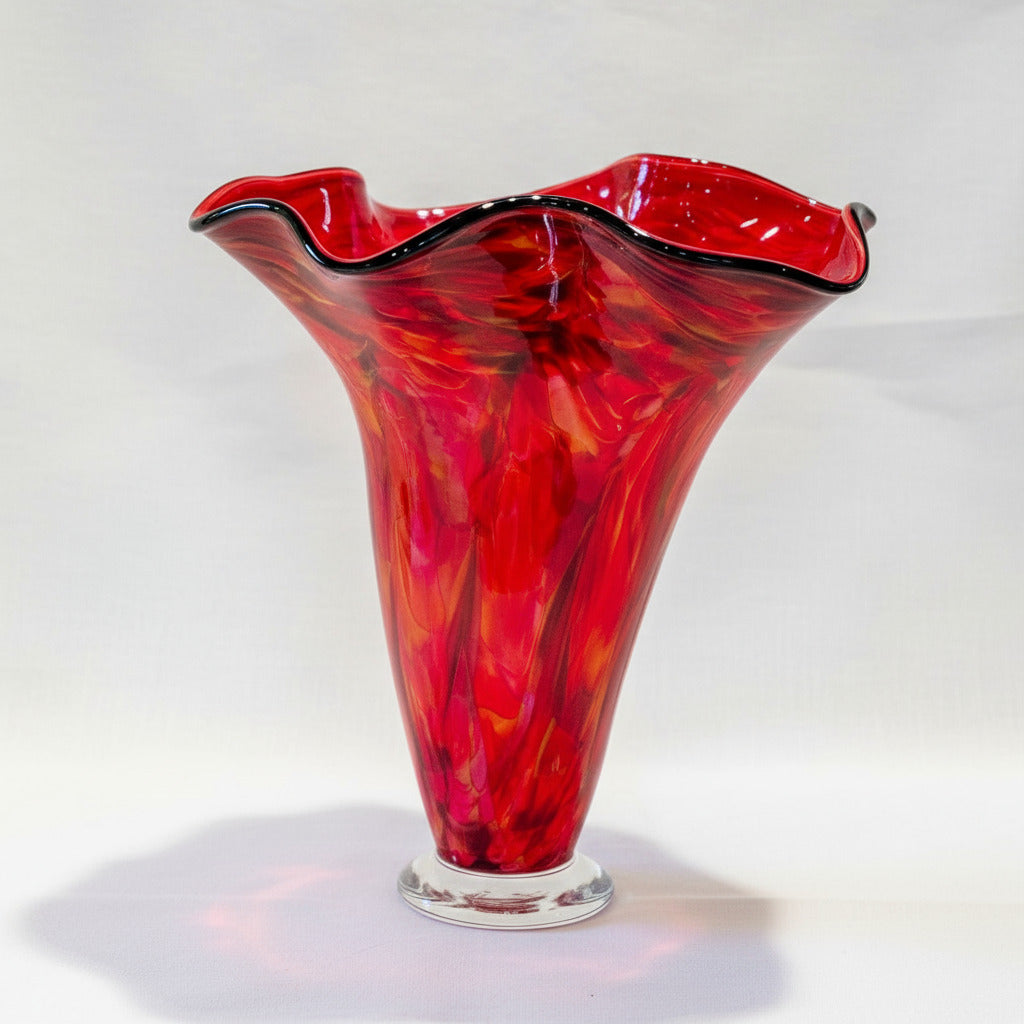 Art Glass Vase - XL Tall Wave Cauldron Red  13"