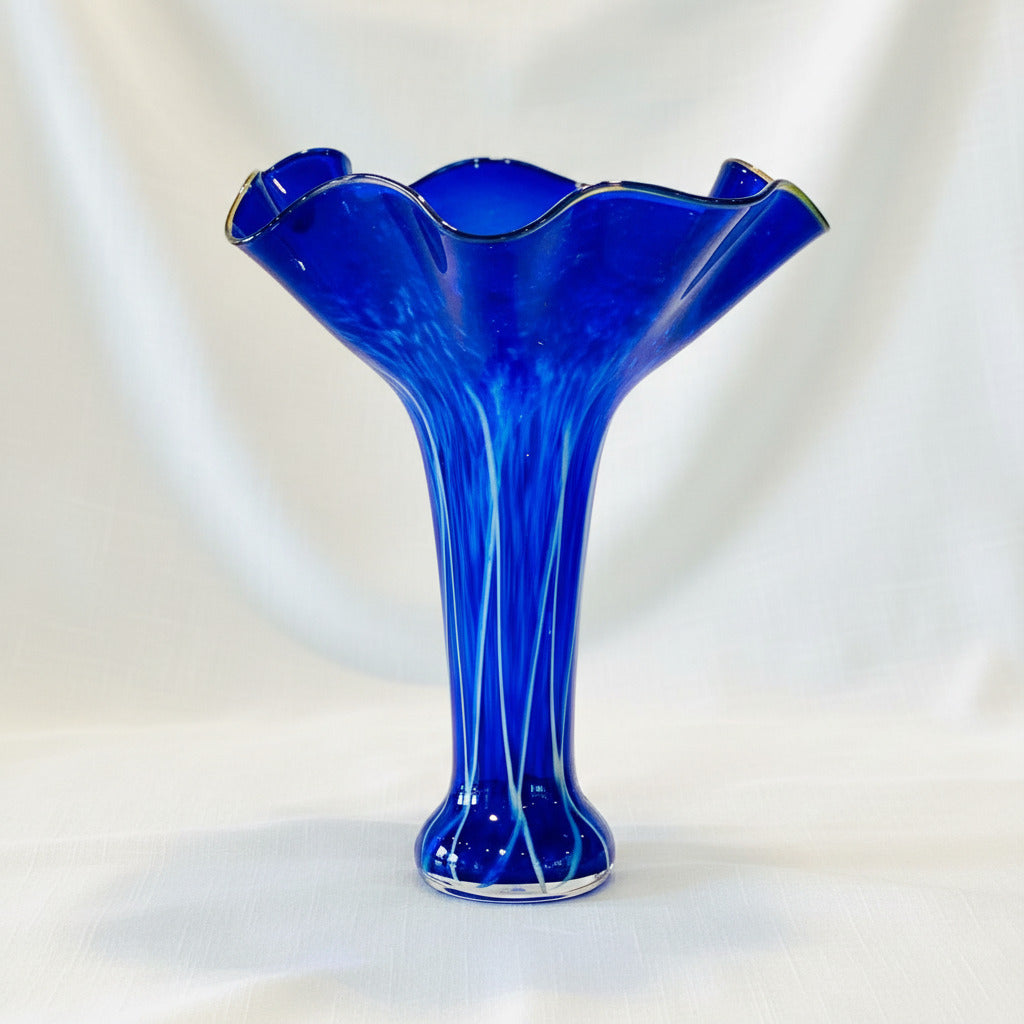 Art Glass Vase - XL Slender Wave Cobalt Iris 14.5"