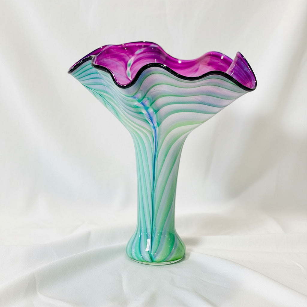 Art Glass Vase - XL Slender Wave Purple Blue Green Feather 13.5"