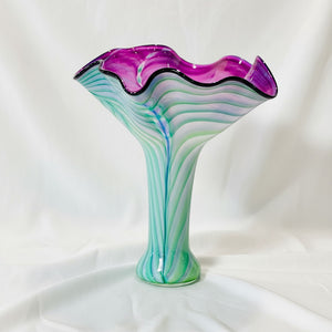 Art Glass Vase - XL Slender Wave Purple Blue Green Feather 13.5"