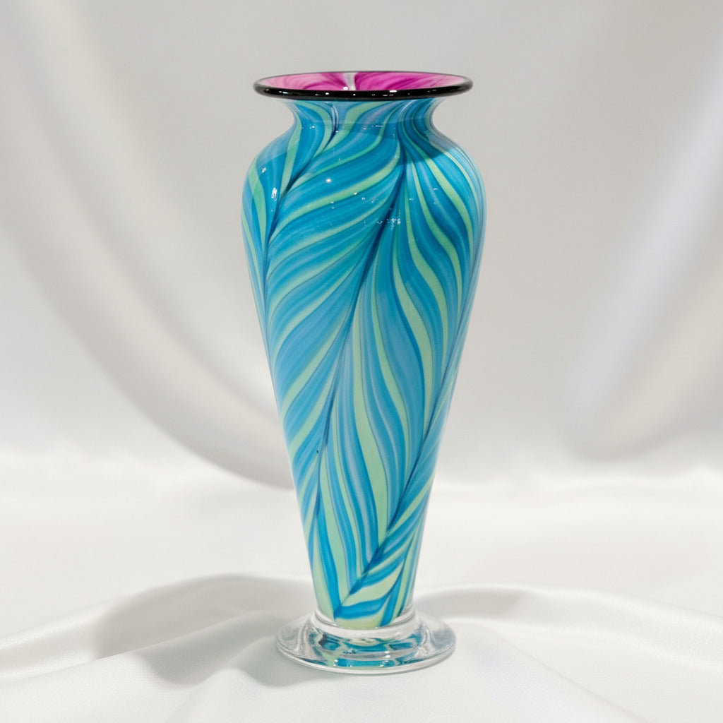 Art Glass Vase - Standard Purple Nile Marine Blue Feather 11"