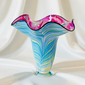 Art Glass Vase - XL Tall Wave Purple Nile Marine Blue Feather 12"