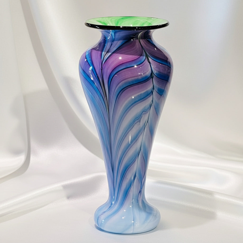 Art Glass Vase - Slender Lady Green Blue Purple Feather  10.75"