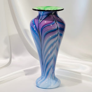 Art Glass Vase - Slender Lady Green Blue Purple Feather  10.75"
