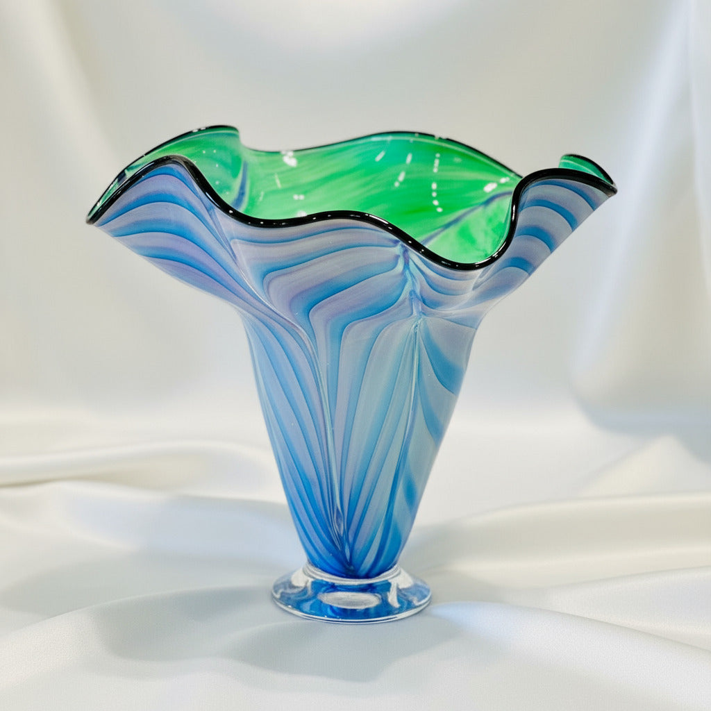 Art Glass Vase - Tall Wave Green Blue Purple Feather 10"