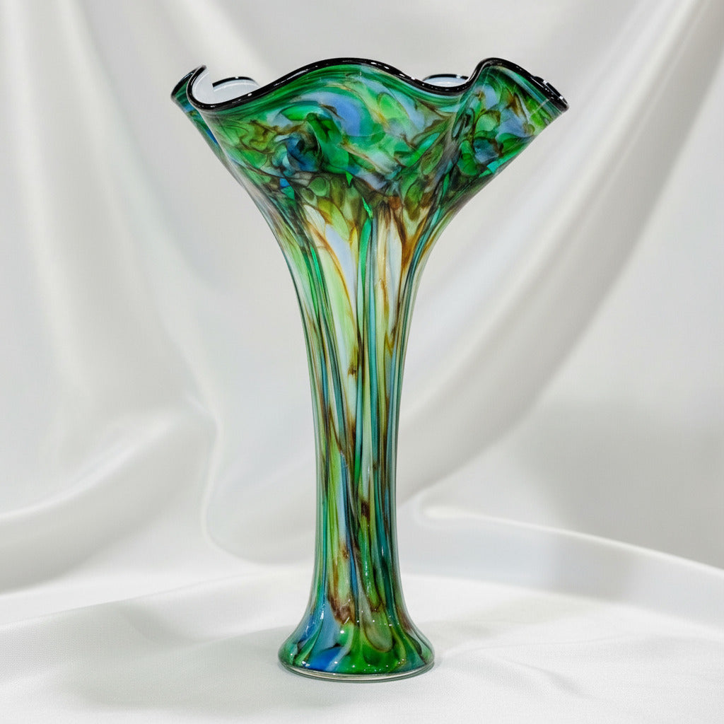 Art Glass Vase - Tall Slender Wave Teal / Yellow