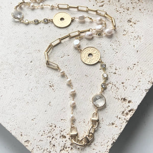 French Coin and Crystal Pearl Necklace