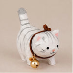 Wood Carved Animal White Striped Cat w/ Bell