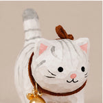 Wood Carved Animal White Striped Cat w/ Bell