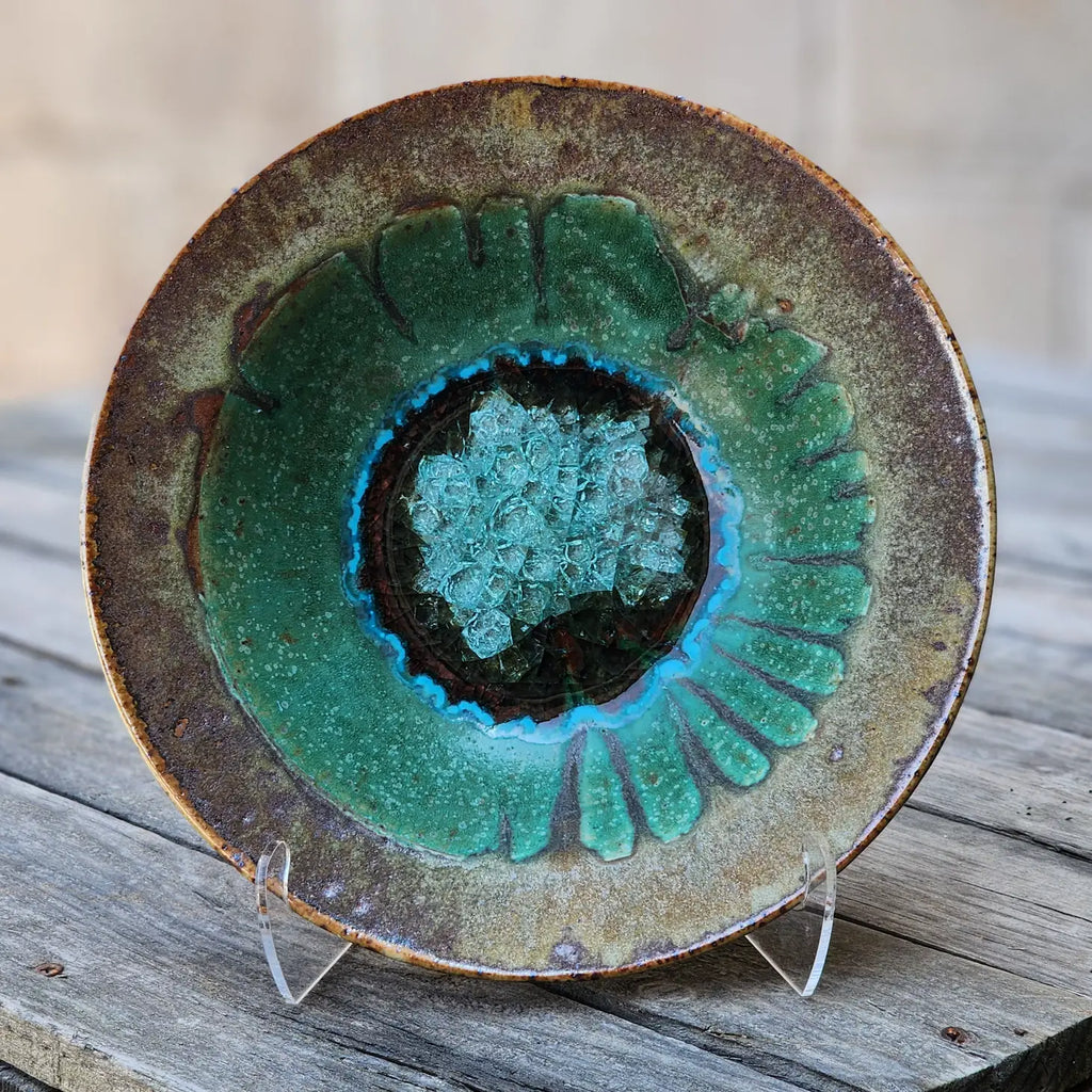 Glass Accent Stoneware Bowl 14" Green / Copper