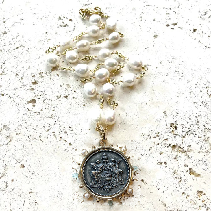 French Coin "Le Monde" (World) Pearl Necklace