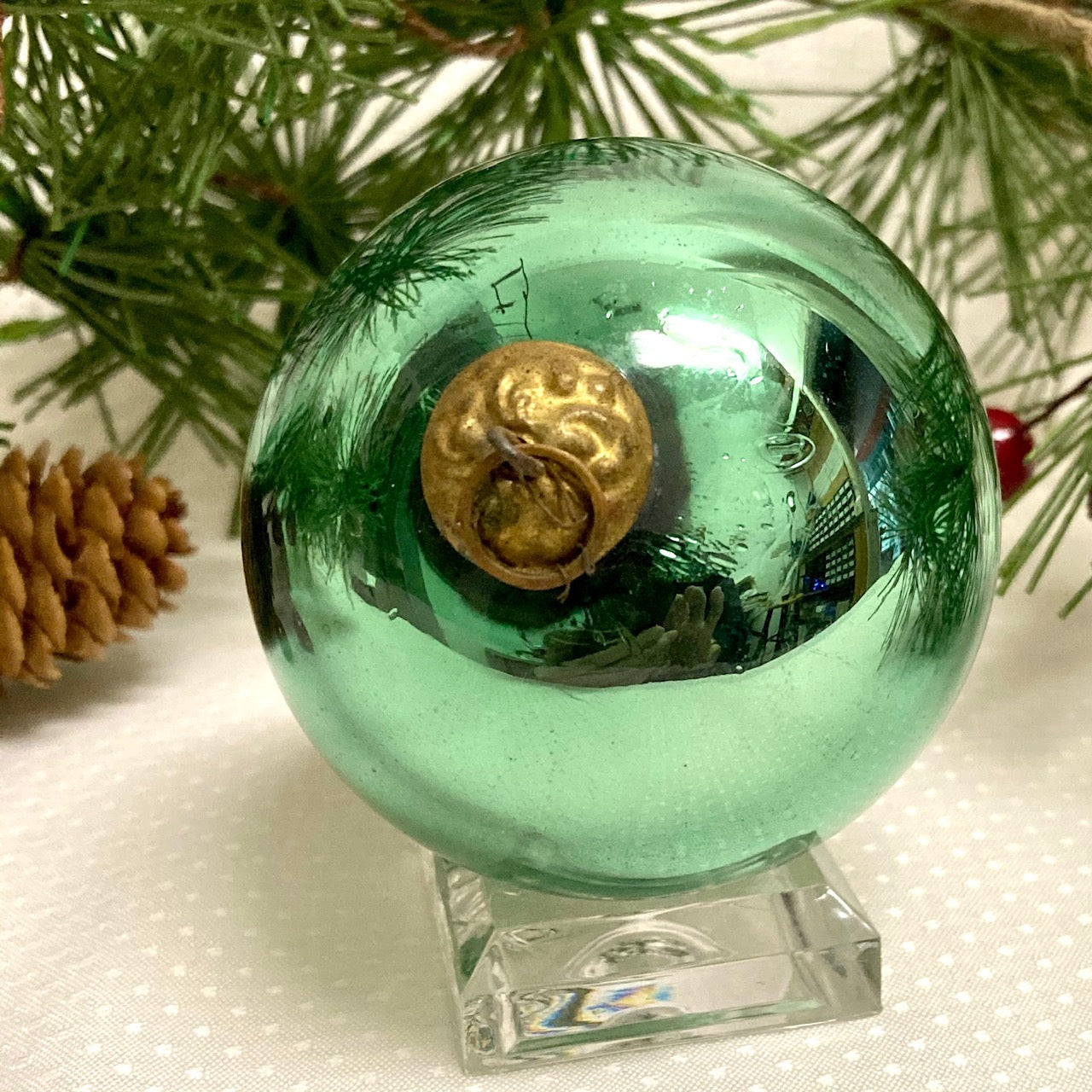 Antique German Kugel Christmas Ornament Lt. Green 2 3/4"