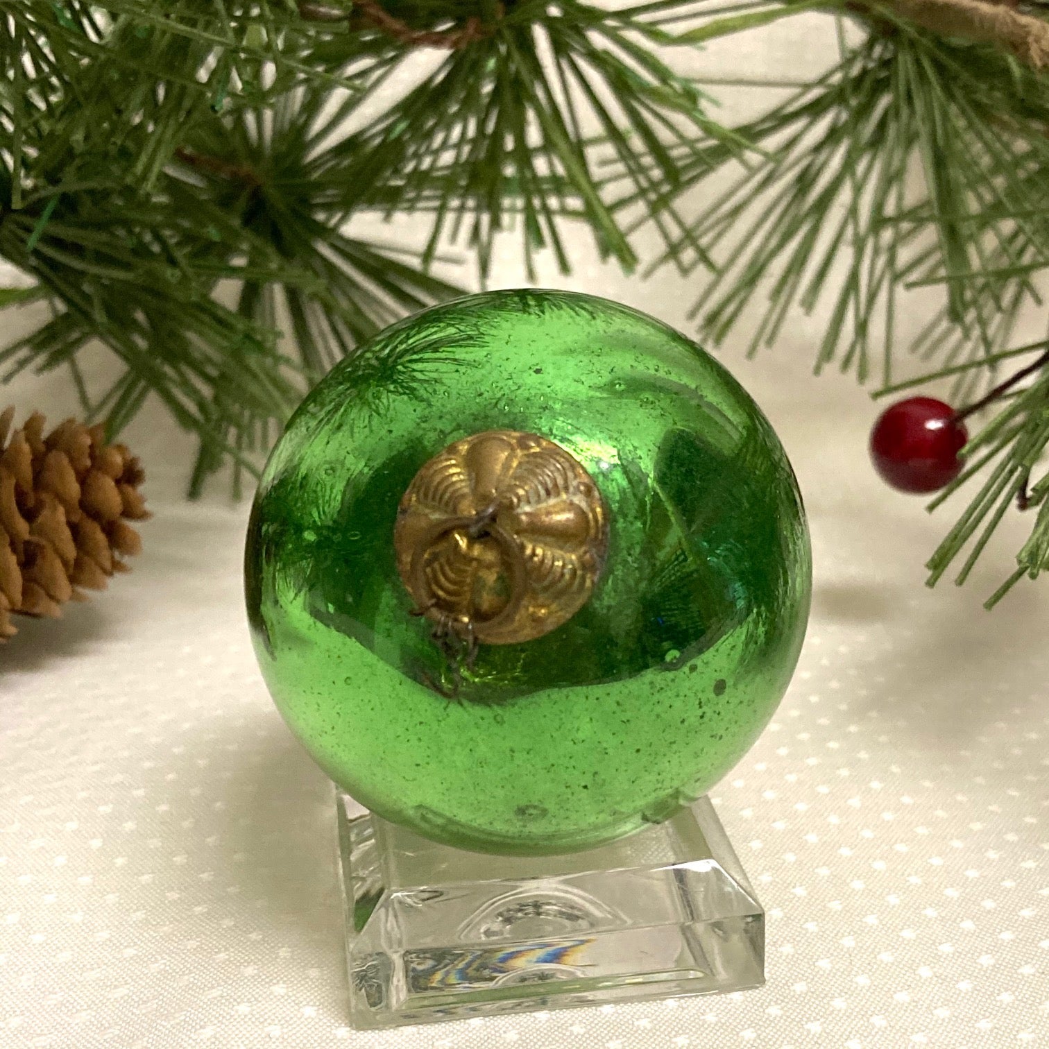 Antique German Kugel Christmas Ornament Green 2"
