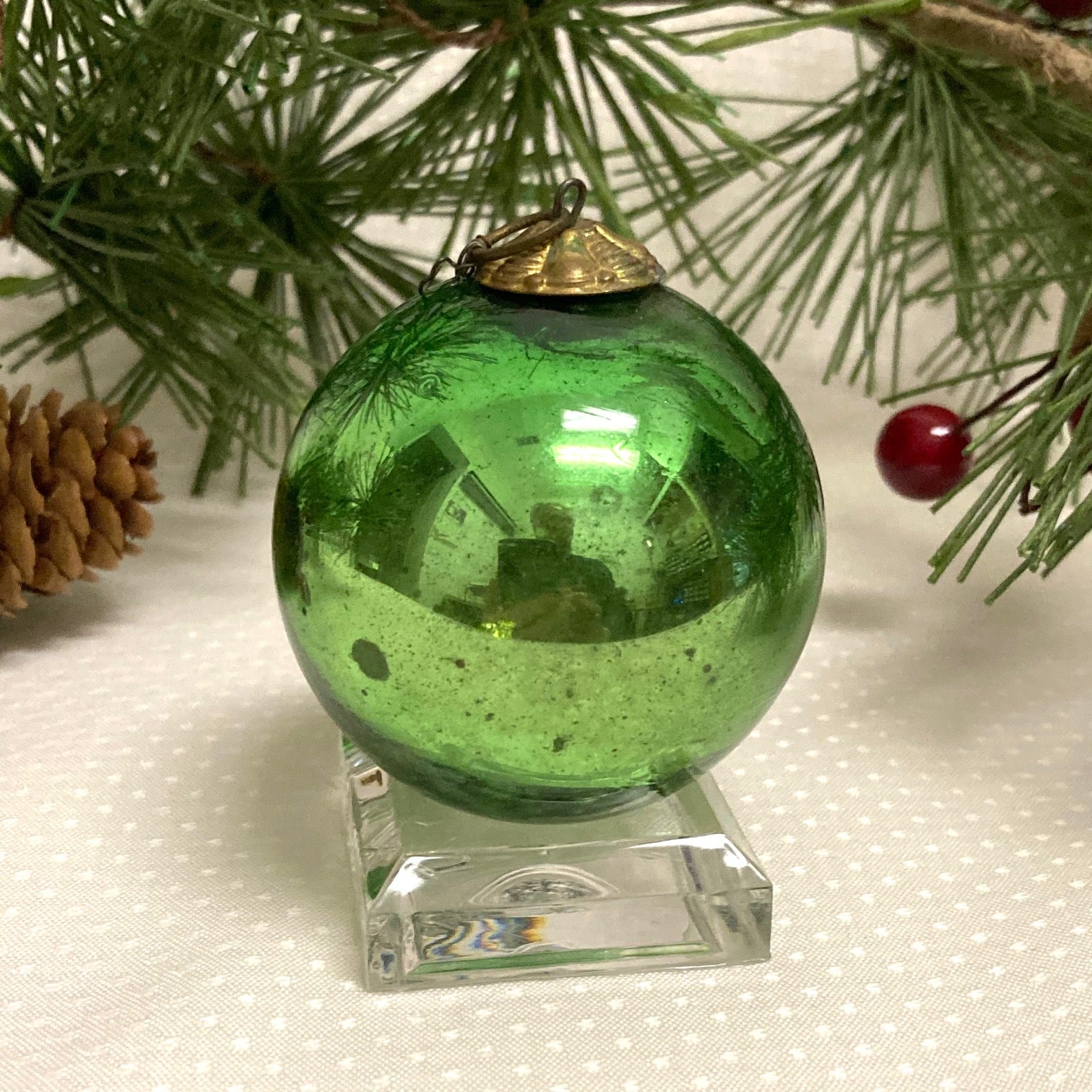 Antique German Kugel Christmas Ornament Green 2"