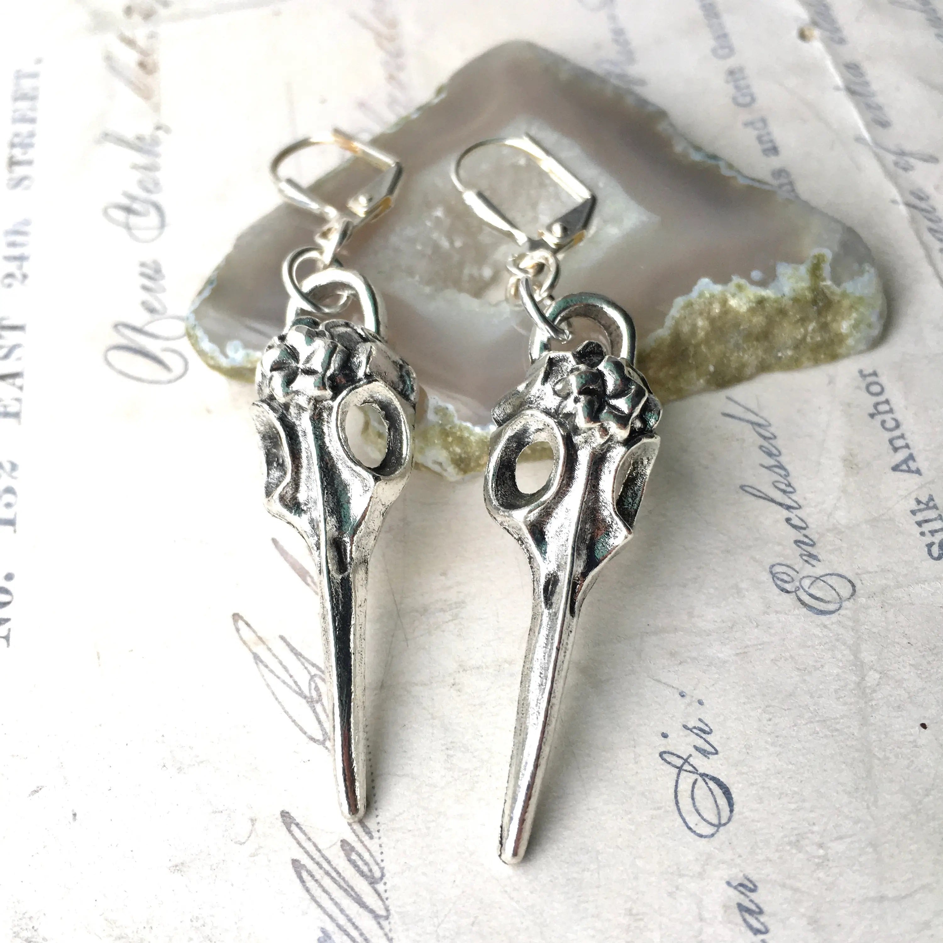 Silver Goth Steampunk Raven Skull Earrings