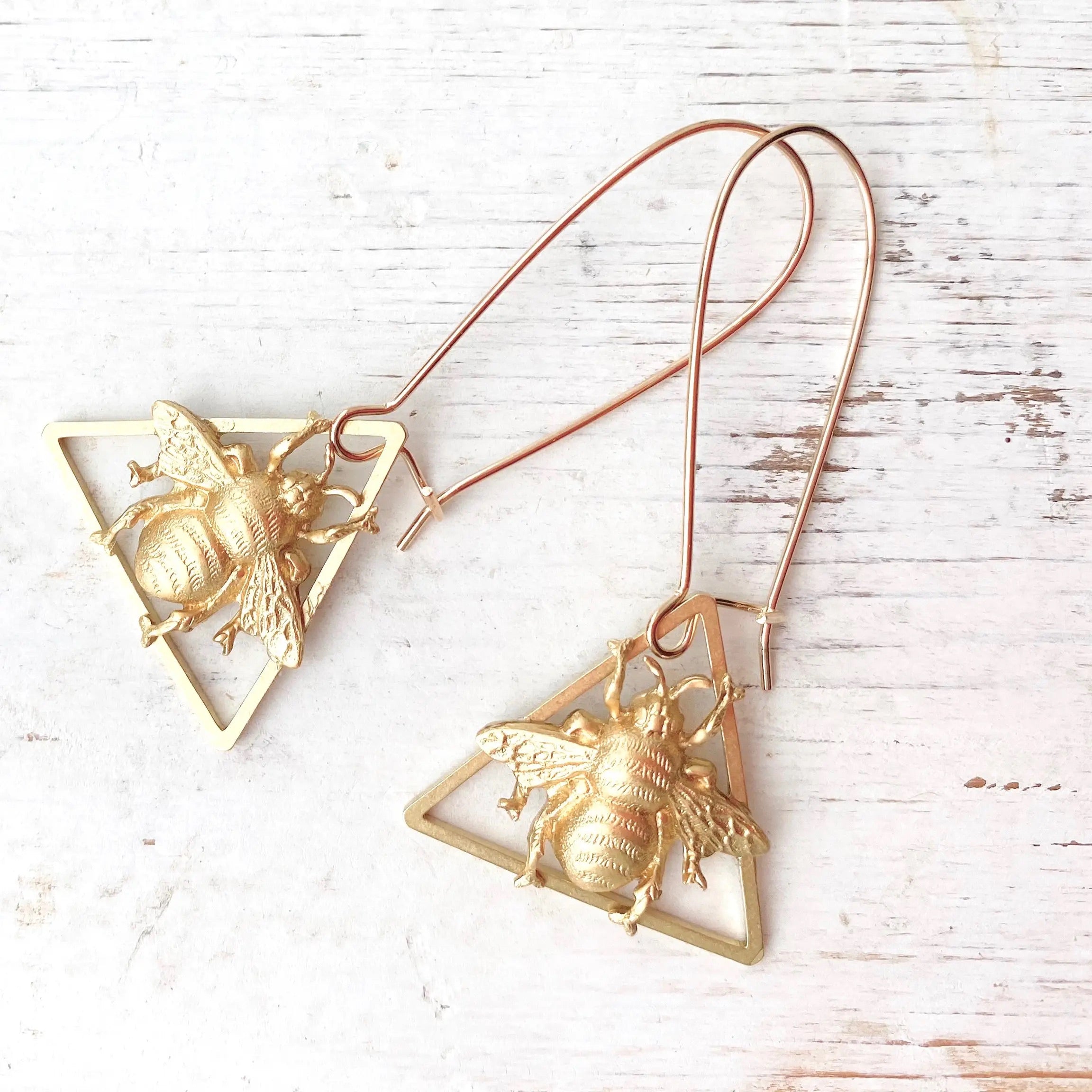 Gold Bee Triangle Earrings